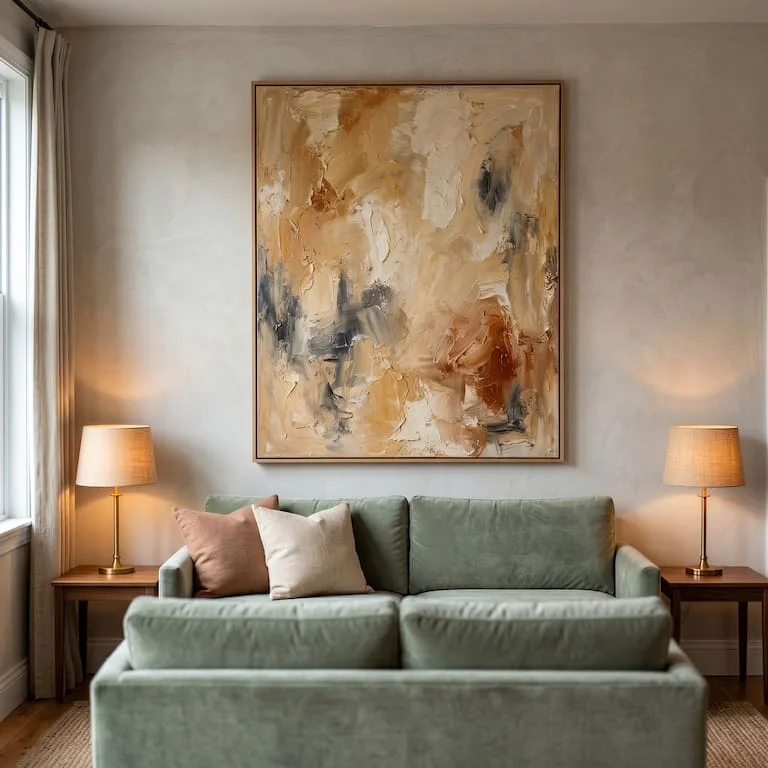 Luxury living room focal point with marble coffee table, oversized warm abstract art, and sculptural brass lamp