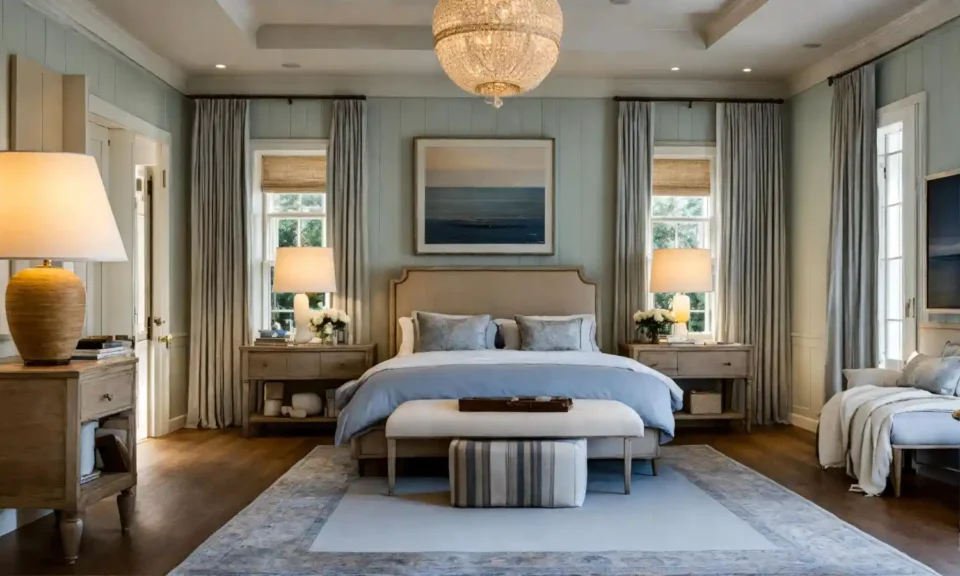 Calm hotel-style master bedroom with tall upholstered headboard, layered white bedding, and warm lamp lighting