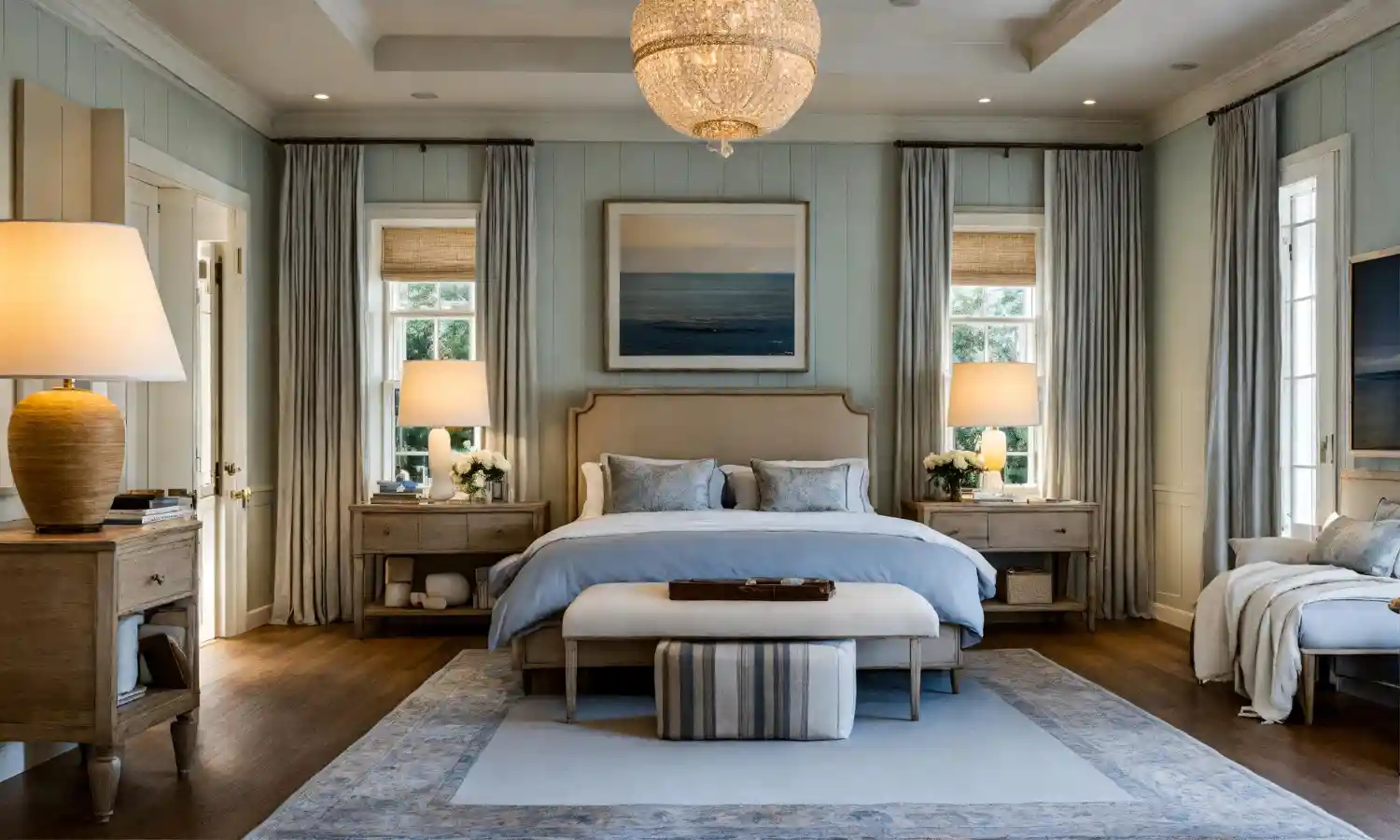 Calm hotel-style master bedroom with tall upholstered headboard, layered white bedding, and warm lamp lighting
