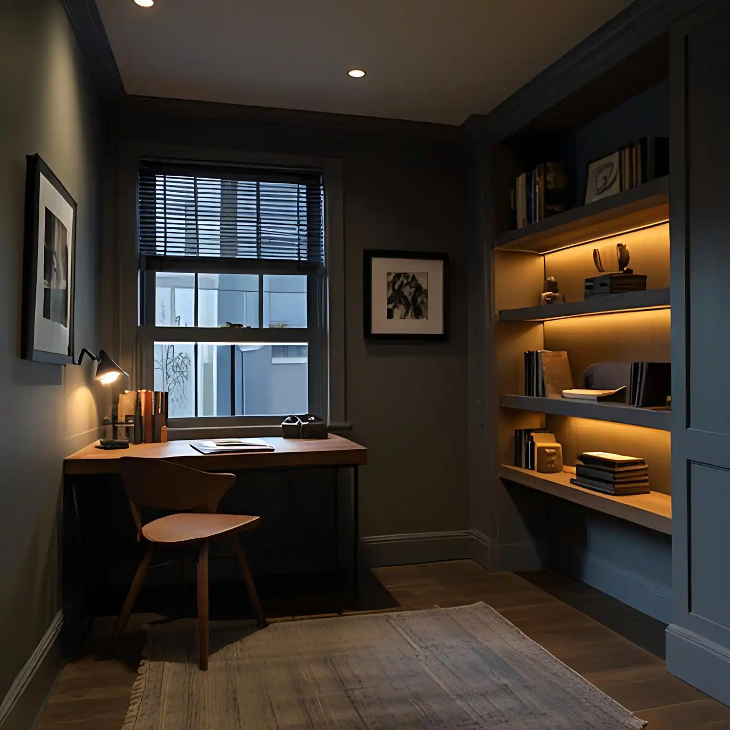 Man cave office with standing L-desk, dual monitors, dark olive accent wall, floor-to-ceiling shelving, and leather chair