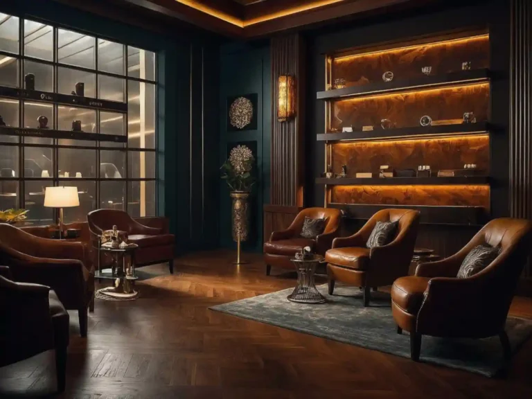 Dark walnut-paneled man cave with leather sectional, large TV wall, and warm 2700K ambient lighting