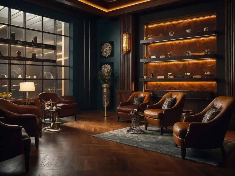 Dark walnut-paneled man cave with leather sectional, large TV wall, and warm 2700K ambient lighting