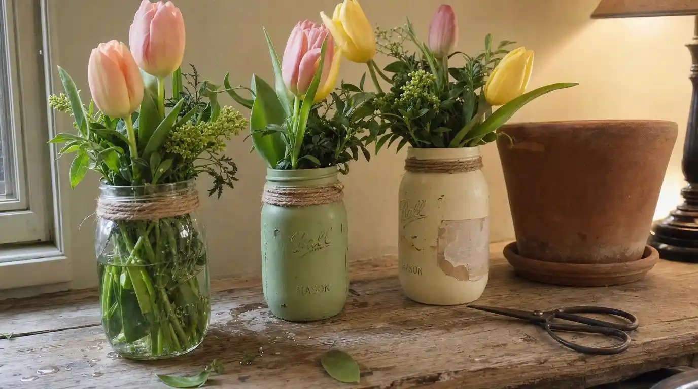 Trio of upcycled mason jars painted sage and cream with jute twine holding fresh spring tulips