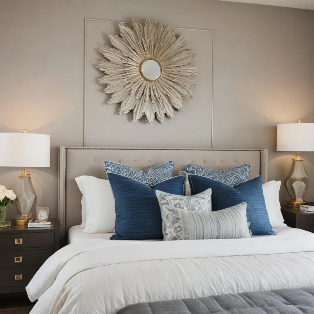 Master bedroom retreat with greige walls, cream linen bedding, matching nightstands, and warm 2700K lamps