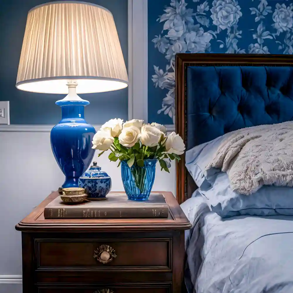Matched nightstands with mirrored brass lamps and brushed brass drawer pulls flanking an upholstered bed