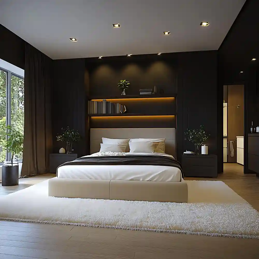 Matte black drawer pulls, lamp base, and frame edges adding a clean modern edge to a men's bedroom