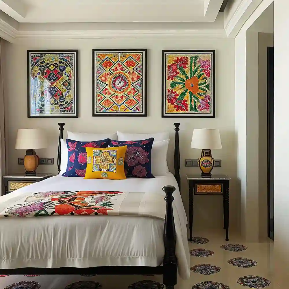 Maximalist teen bedroom gallery wall with poster prints, polaroid photos, and framed art layered above a simple platform bed