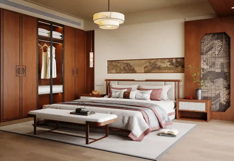 Mid-century modern bedroom with walnut platform bed, mustard velvet throw, and warm 2700K brass sconces