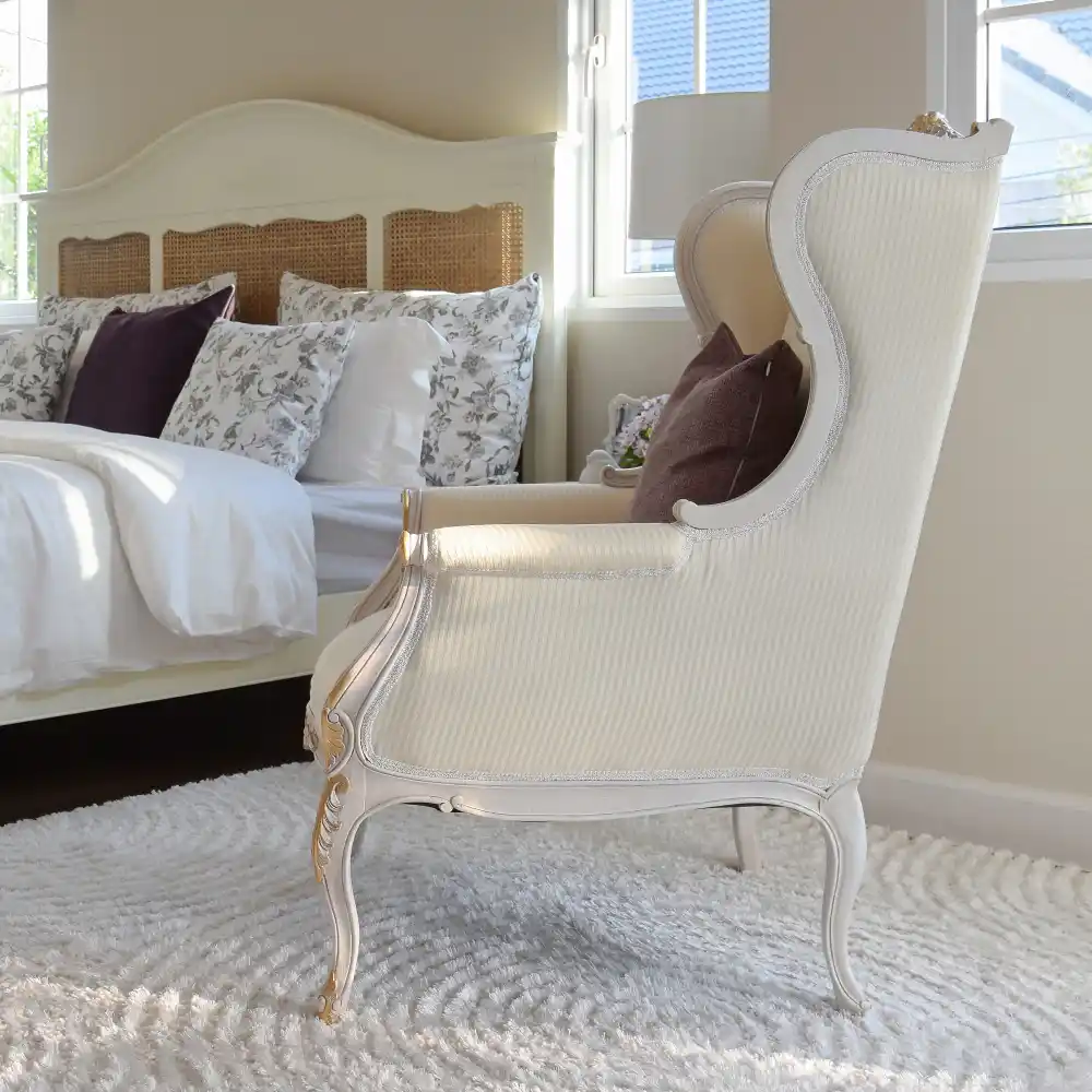 Low-profile MCM bedroom furniture with tapered leg platform bed, walnut dresser, and slim nightstands