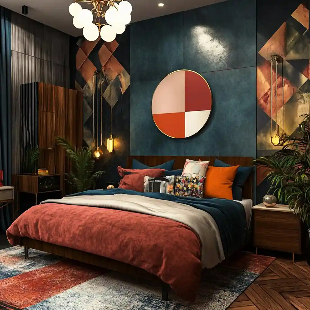 Mid-century modern bedroom ideas with mustard velvet accent pillow and ochre throw on linen duvet