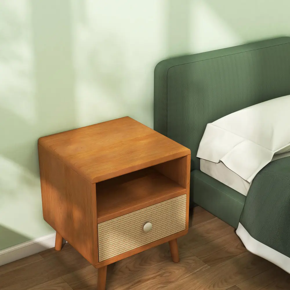 Slim walnut nightstand with tapered legs, brass table lamp, and ceramic dish in MCM bedroom