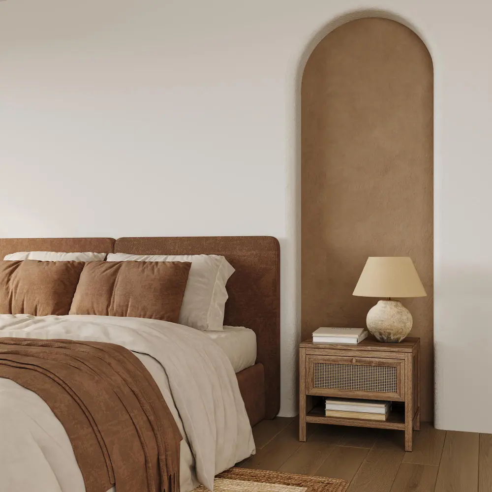 Warm MCM bedroom palette showing walnut grain, warm white walls, and mustard ochre accent pillow