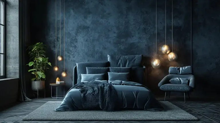 Modern masculine bedroom with warm charcoal walls, low walnut platform bed, leather bench, and warm lamp glow