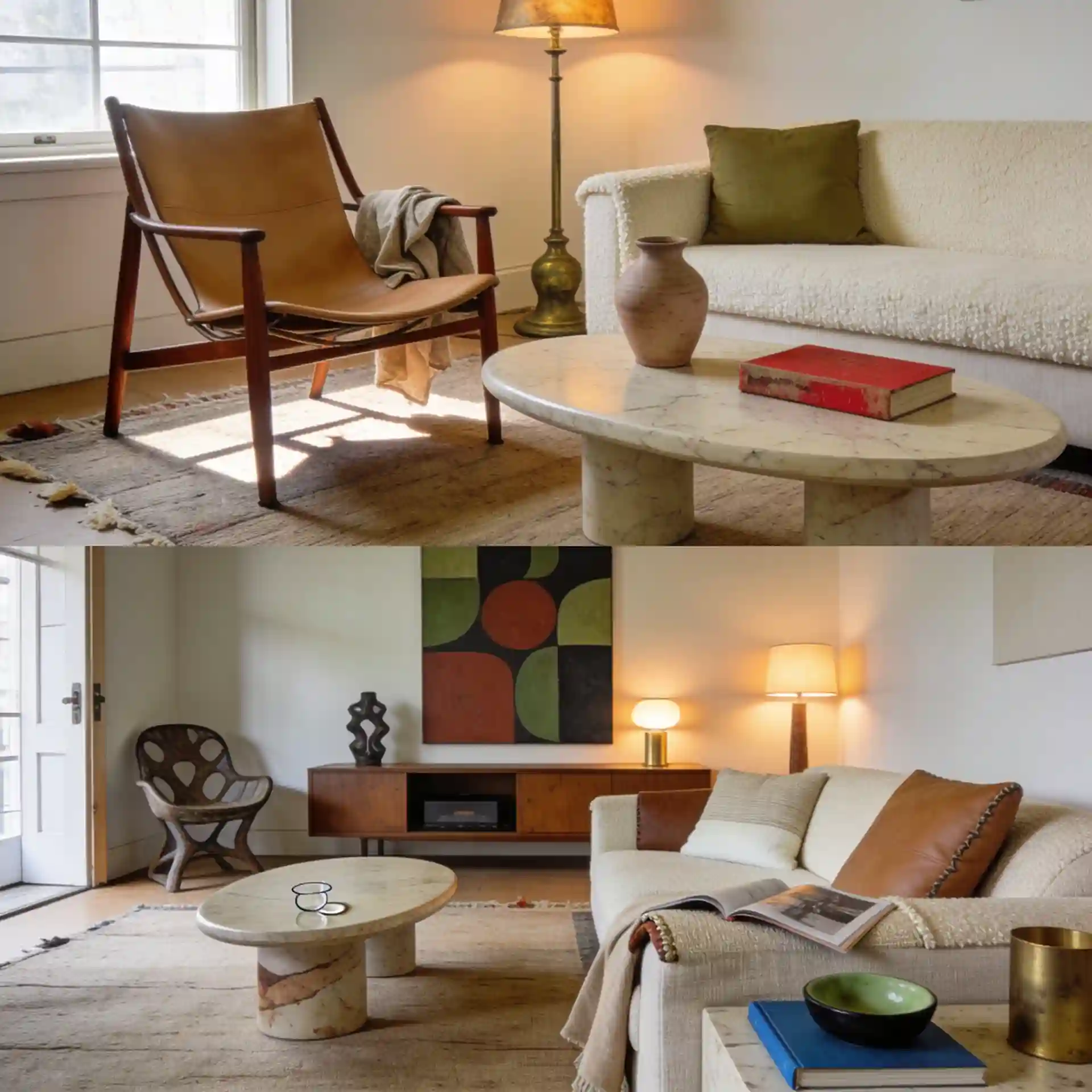 Sculptural leather lounge chair angled on a warm wool area rug beside a low walnut coffee table