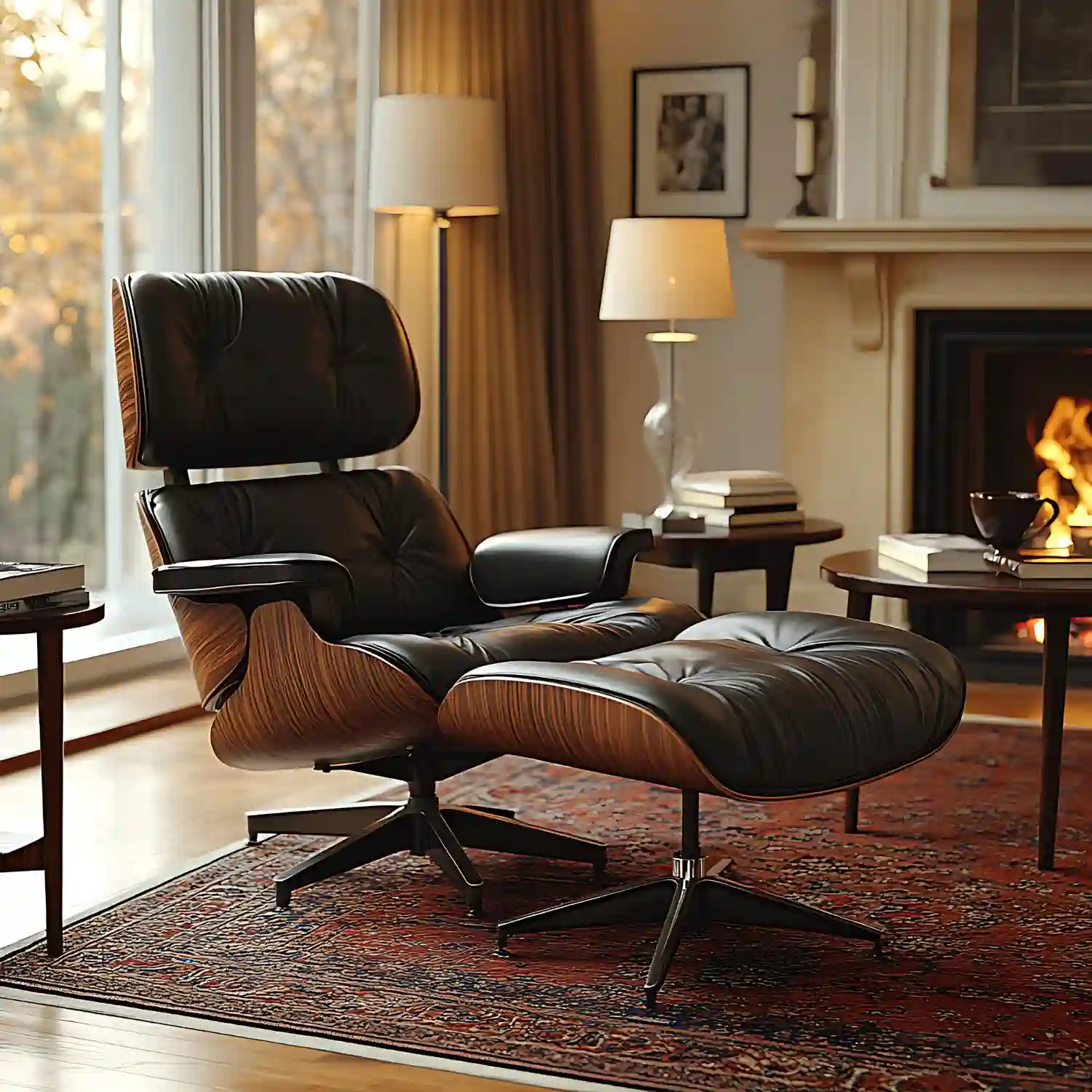 Mid-century modern man cave with walnut lounge chair, mustard yellow accent, dome brass pendant, and record player sideboard