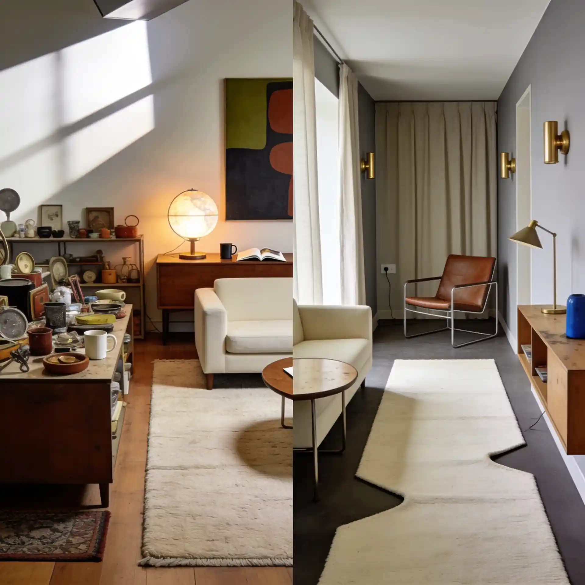 Split living room scene comparing cluttered retro styling with a calmer walnut and cream arrangement