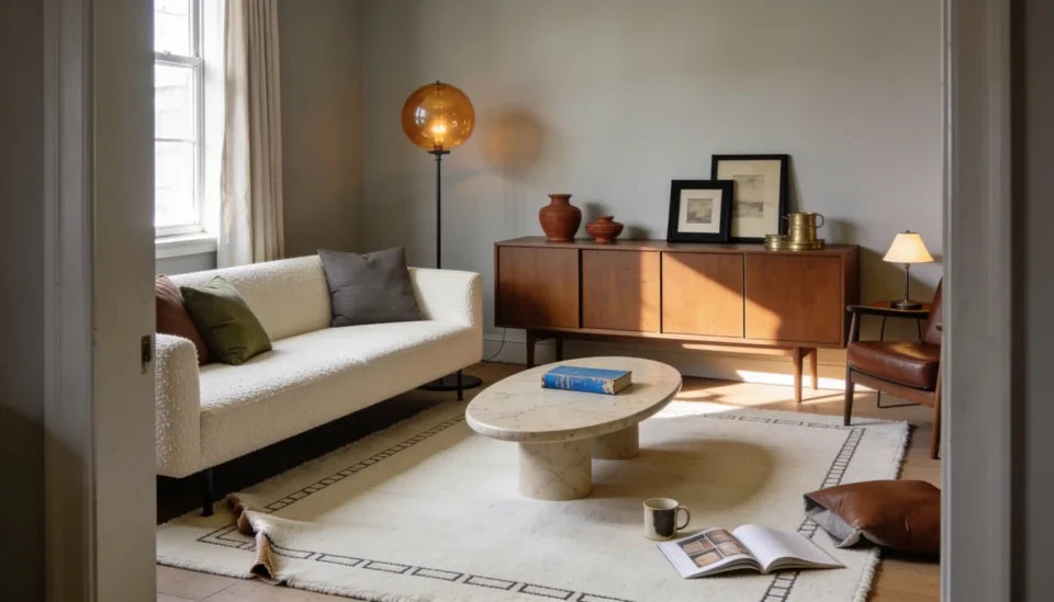 Walnut and cream mid century modern living room with low sofa, wool rug, and brass globe lamp