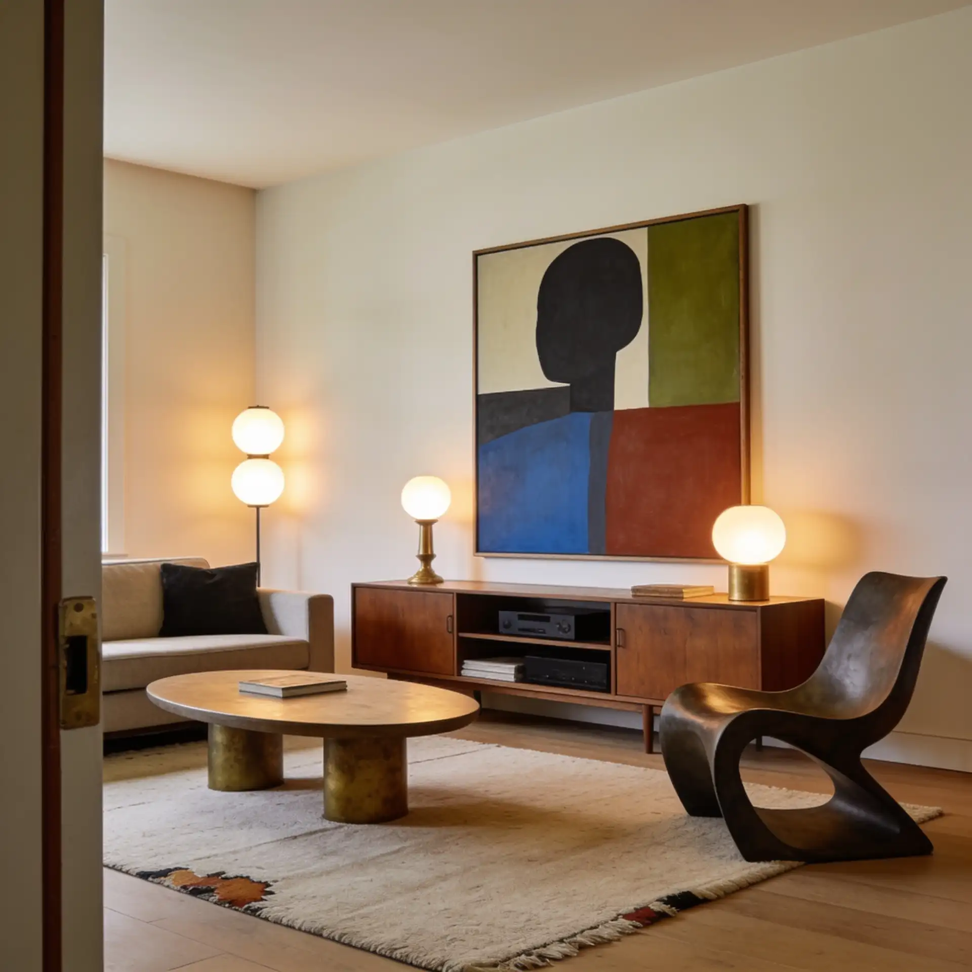 Open living room layout with low sofa, walnut media console, oval coffee table, and graphic wall art
