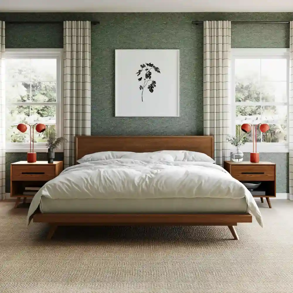 Calm minimalist bedroom with soft white walls, pale oak platform bed, and a single ceramic lamp