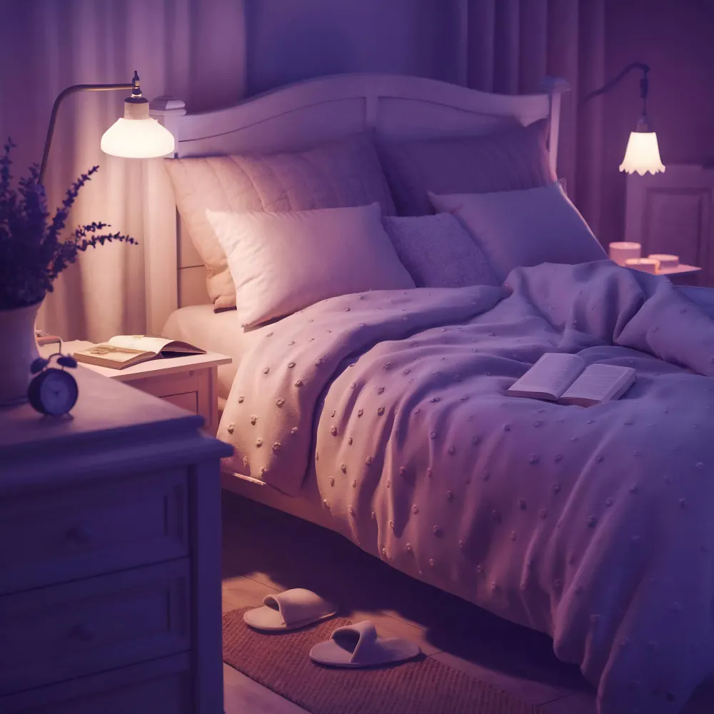 Two mismatched nightstands tied together with the same lamp and a shared color on either side of a bed