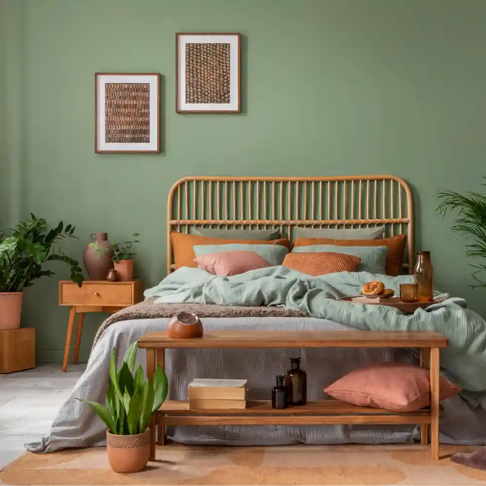 Mixed wood tones with an oak bed, walnut nightstand, and pine bench in a collected farmhouse bedroom