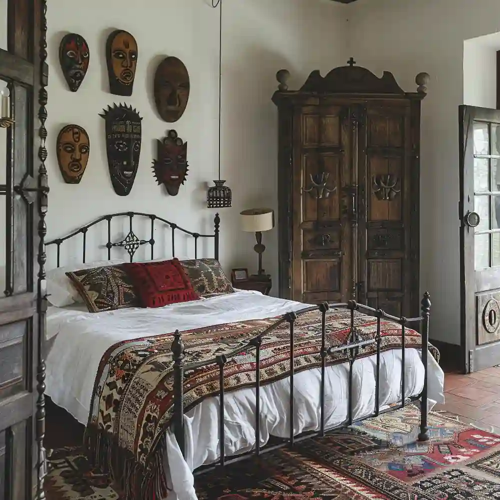 Mixed wood tones with an oak bed, walnut nightstand, and pine bench in a collected farmhouse bedroom