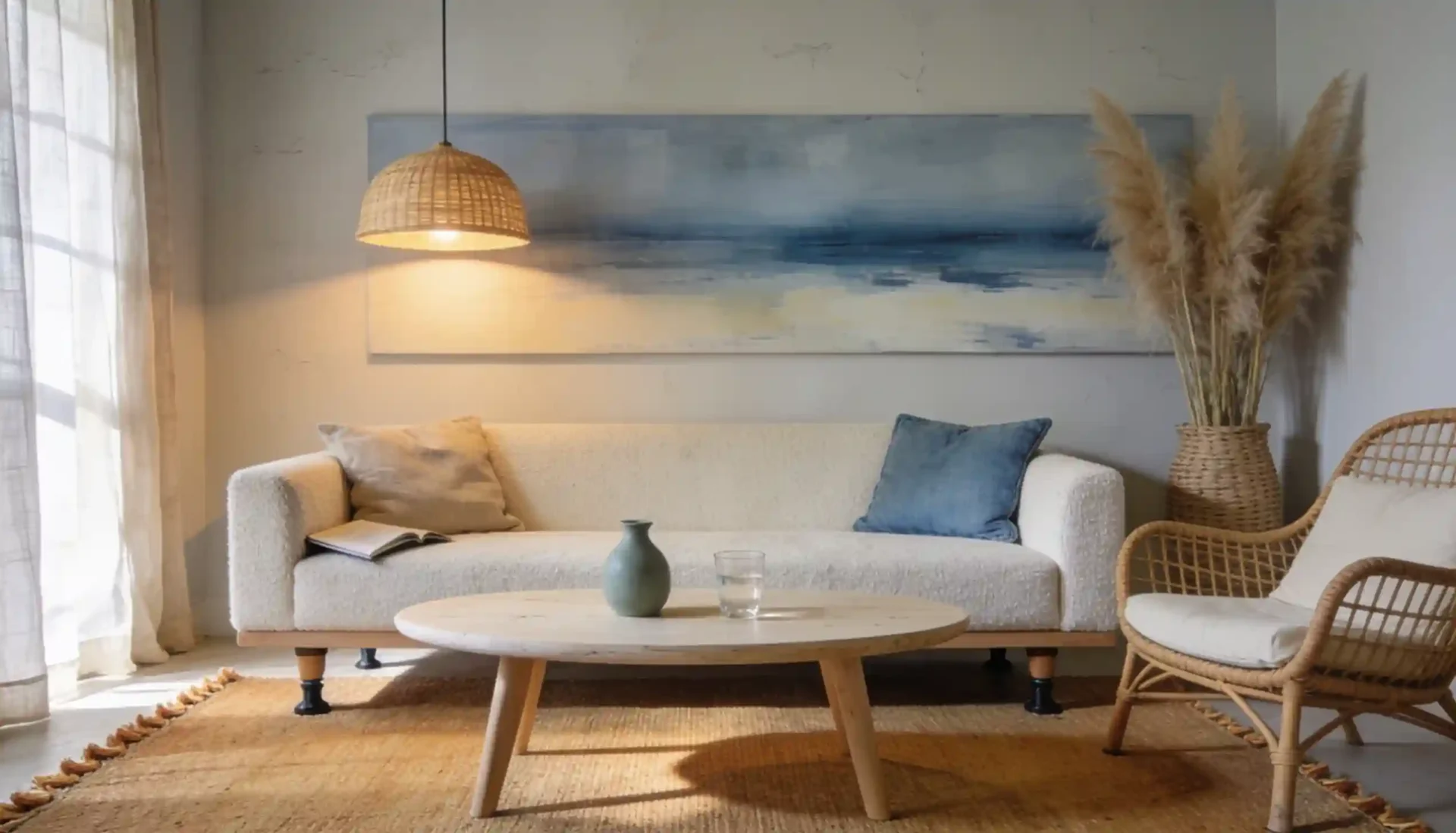 Modern coastal living room with cream linen sofa, jute rug, rattan accent chair, and sheer curtains in warm white and sand tones