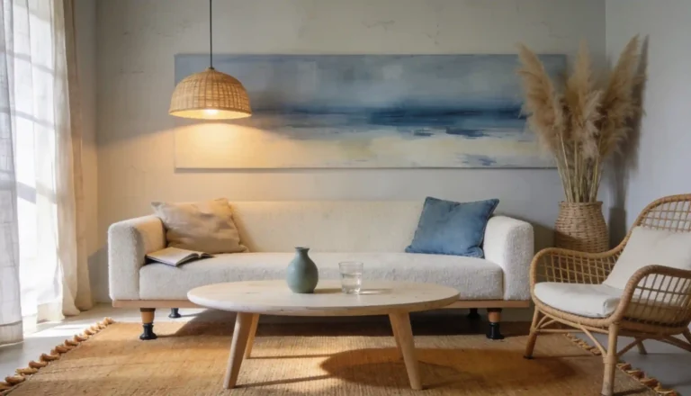 Modern coastal living room with cream linen sofa, jute rug, rattan accent chair, and sheer curtains in warm white and sand tones