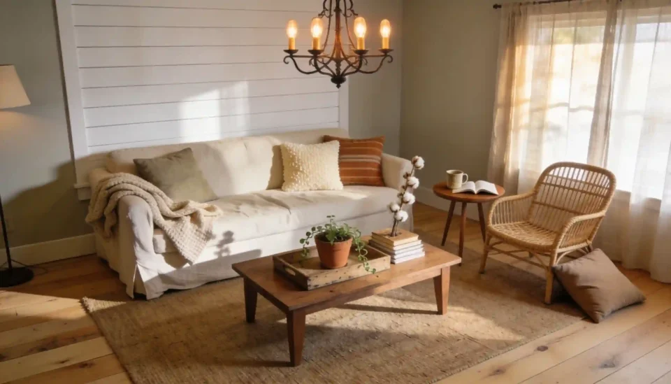 Modern farmhouse living room with warm greige walls, white shiplap accent wall, cream linen sofa, and layered jute rug