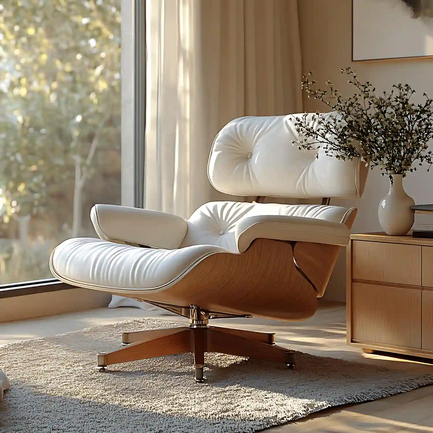 Barrel-back boucle accent chair beside a small table and oversized warm-toned wall art