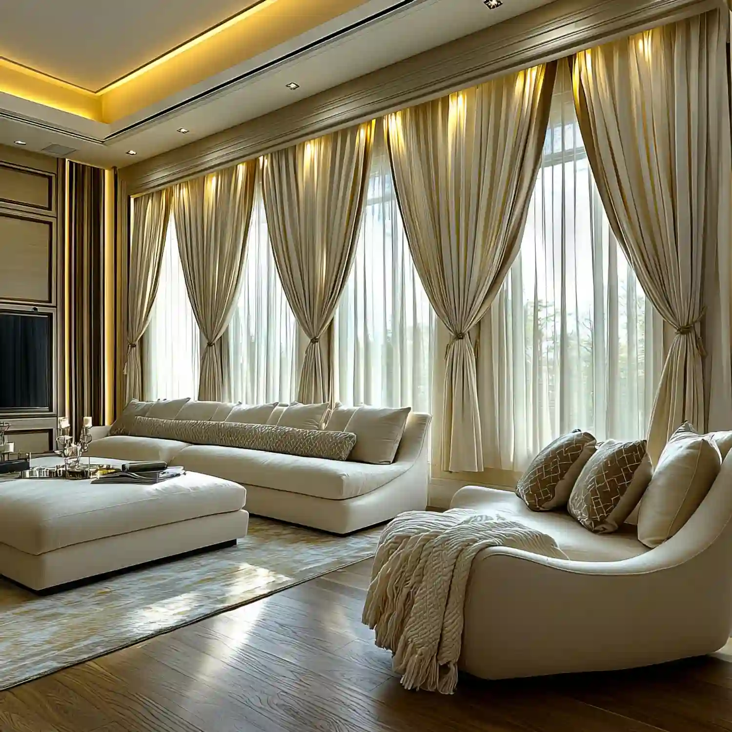 Ceiling-height linen curtains pooling softly beside a grey sofa and brass wall sconce