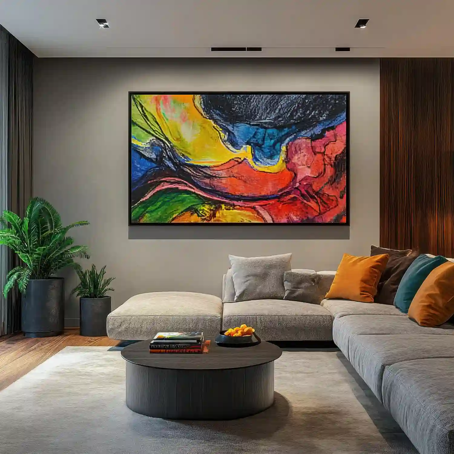 Oversized abstract canvas above a low modern sofa with warm neutral pillows