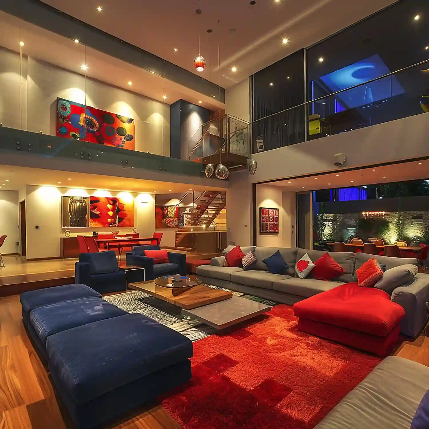 Modern living room ideas shown with layered lamps, sconces, and warm evening light