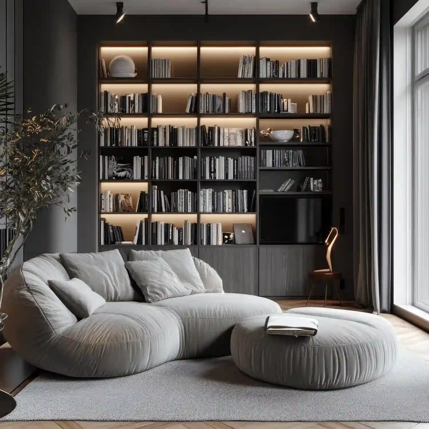 Styled built-in bookshelf with books, ceramic vases, and warm lamp light in a modern living room