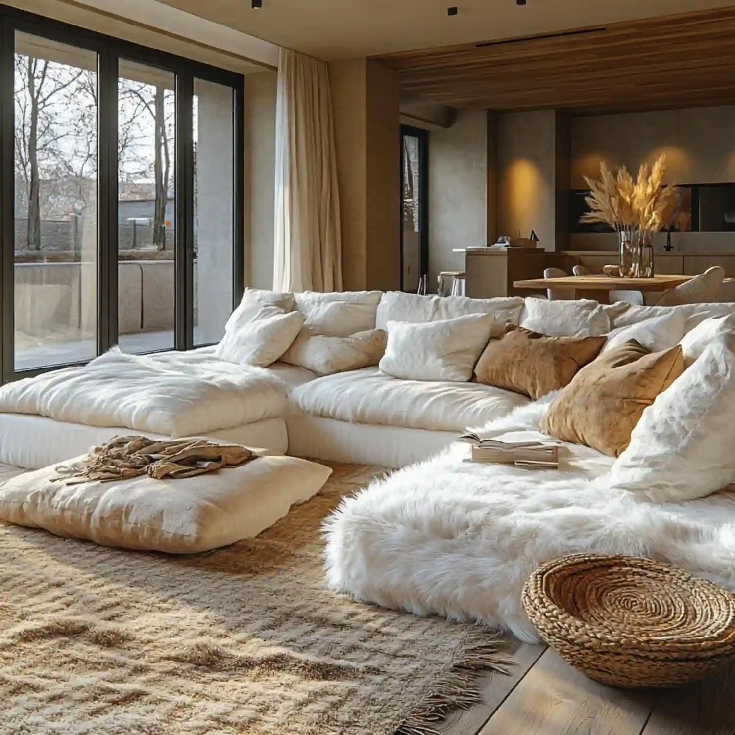 Velvet, linen, and knit pillows layered on a charcoal sofa with a casually draped throw
