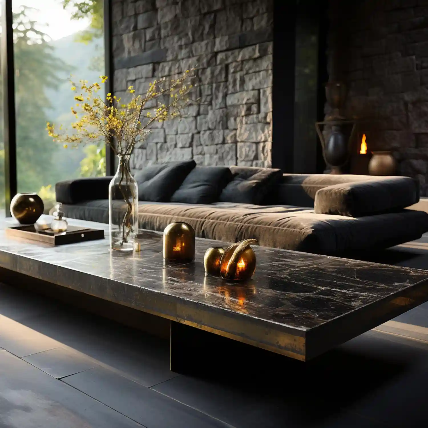 Travertine coffee table with art books and ceramic accents in a modern luxury living room