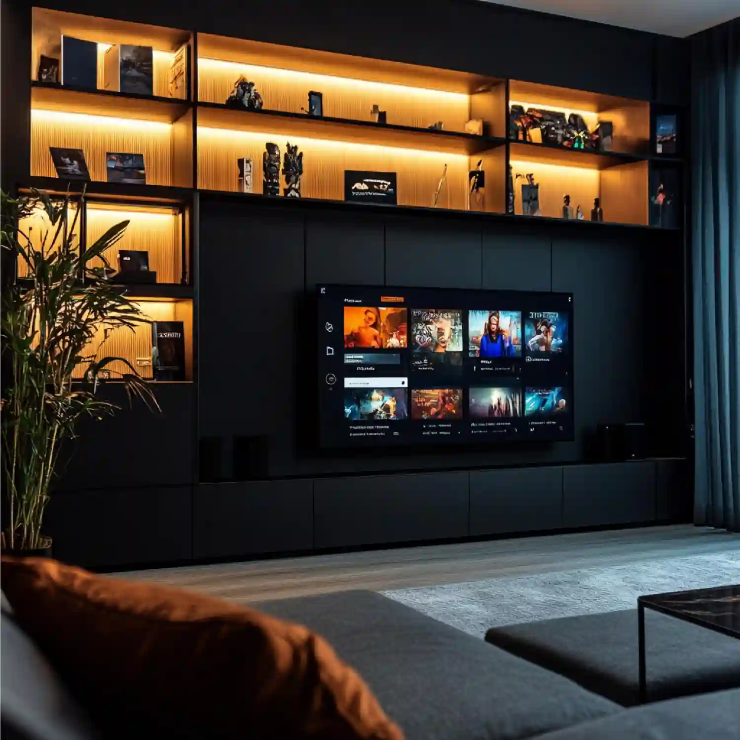 Modern man cave with dark charcoal walls, low-profile sofa, matte black media wall, and recessed LED lighting