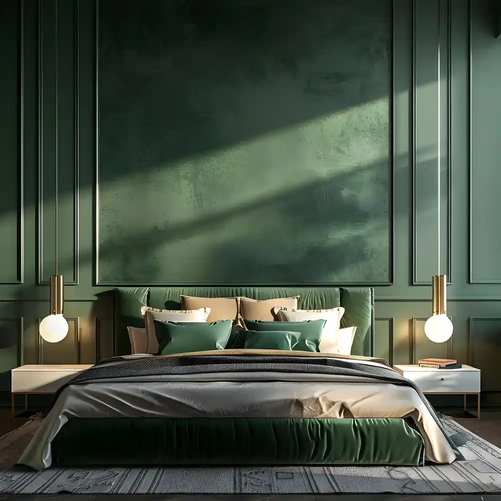 Moody dark green painted wall behind a bed with cream linen bedding and warm oak side tables