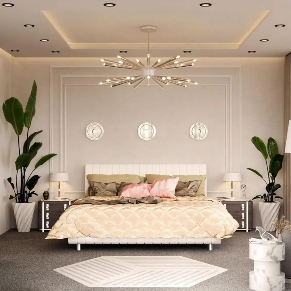 Moody velvet teen bedroom with deep plum walls, a velvet upholstered platform bed, gold mirror, and brass arc floor lamp