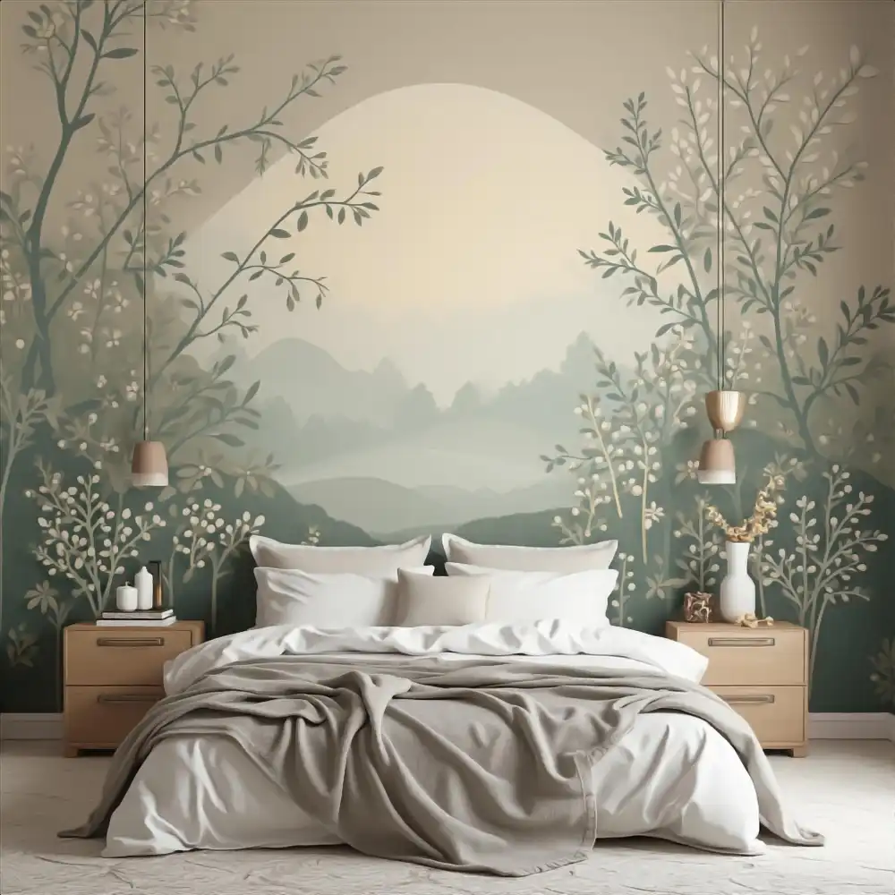 Large-scale soft botanical mural wallpaper behind a bed in muted sage and cream with solid bedding