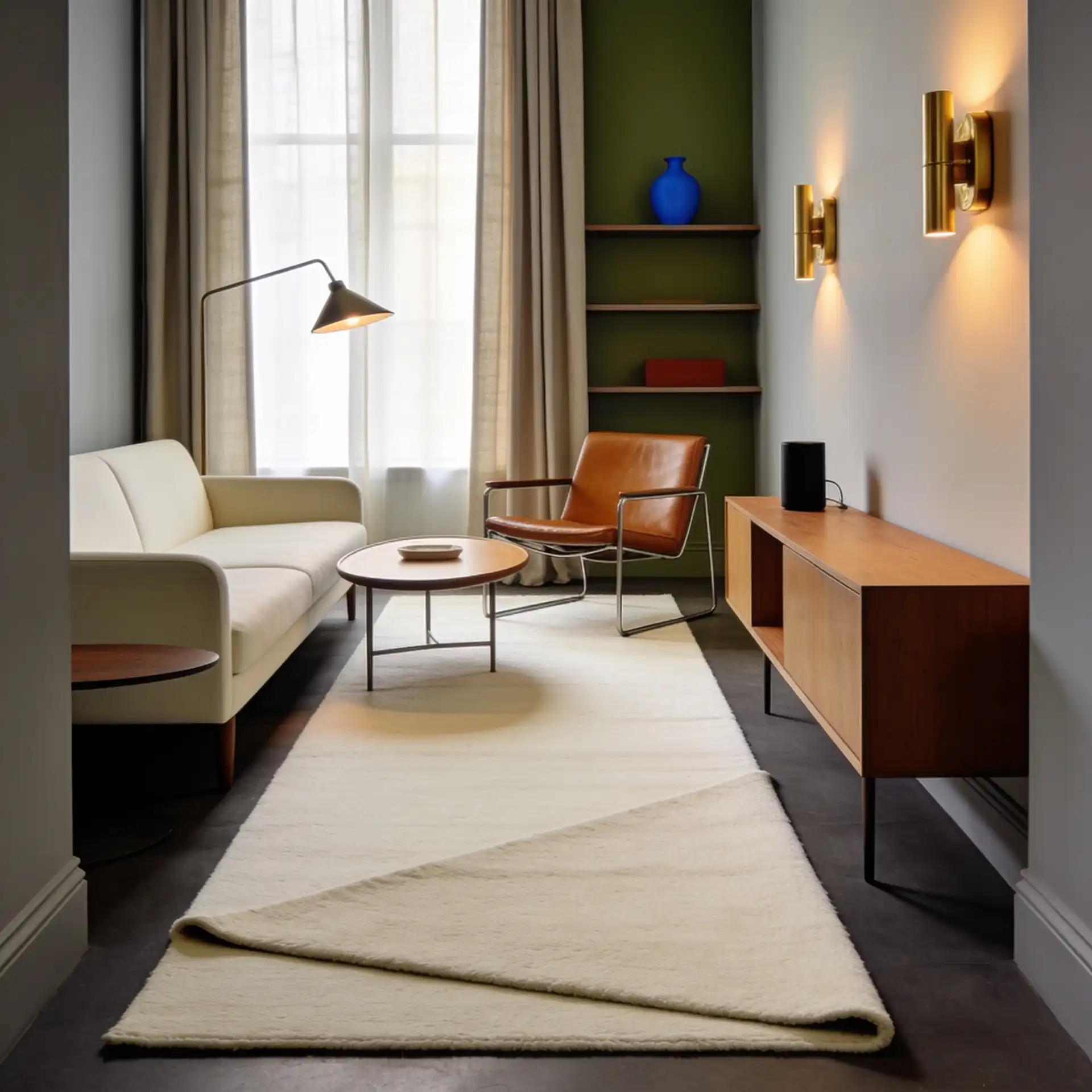 Narrow living room with slim sofa, oval table, open-frame chair, and warm plug-in wall lights