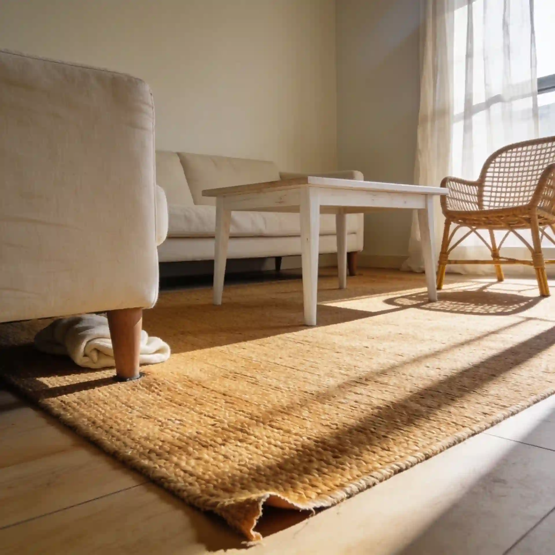 Natural fiber jute rug anchoring a modern coastal living room seating area with cream sofa and light oak coffee table front legs on rug