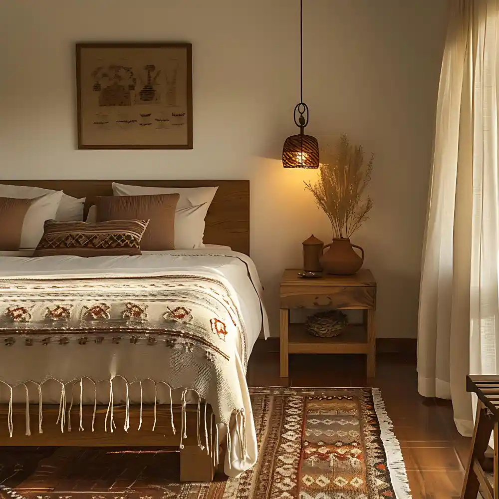 Bedroom corner with rattan lamp base, raw oak nightstand, and jute rug showing natural material warmth