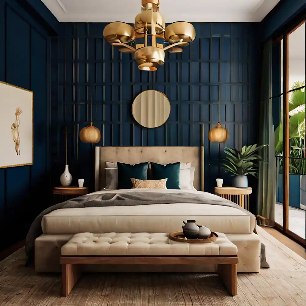 Navy blue bedroom color ideas with deep navy accent wall, brass hardware, oak nightstand, and cream linen