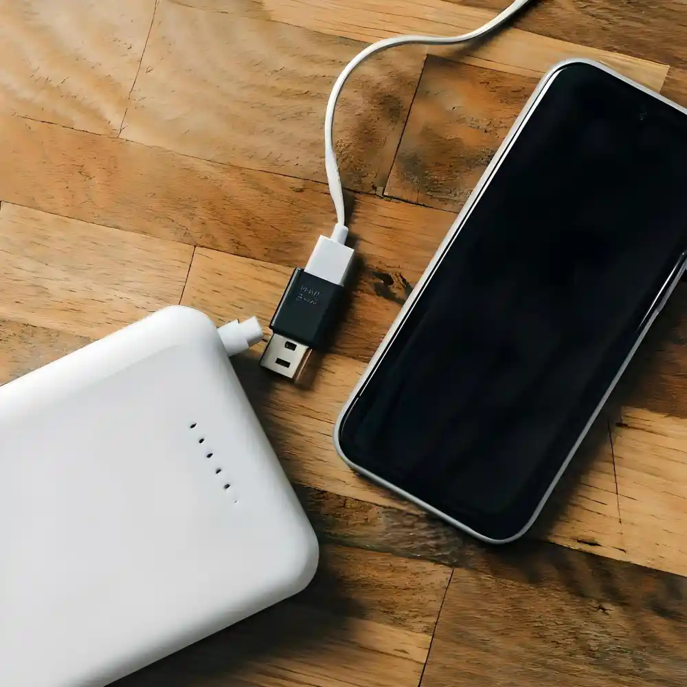 Cluttered nightstand with visible phone charger, tangled cords, and a too-small lamp showing common styling mistakes