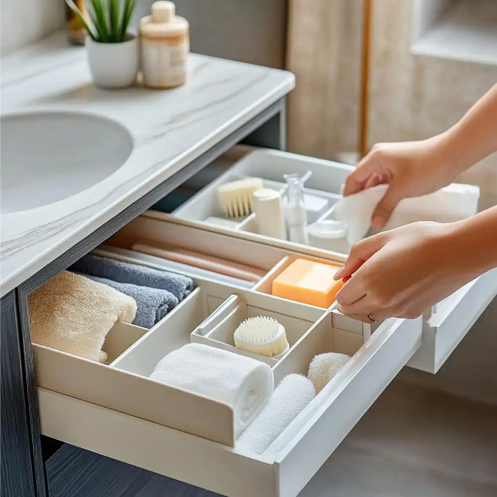 Open nightstand drawer holding chargers and medication while the surface above stays clear and styled