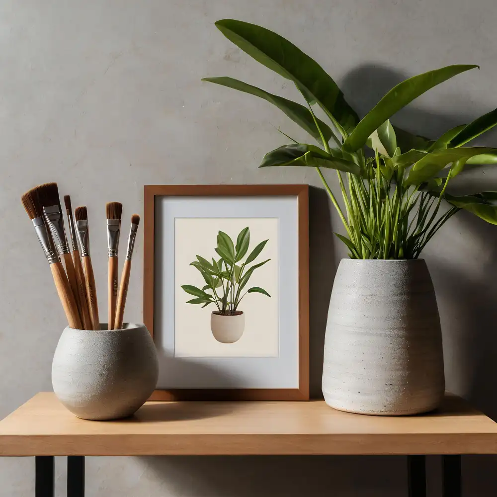 Bedside table styled with a small trailing plant, a leaning framed photo, and a tiny round mirror behind the lamp