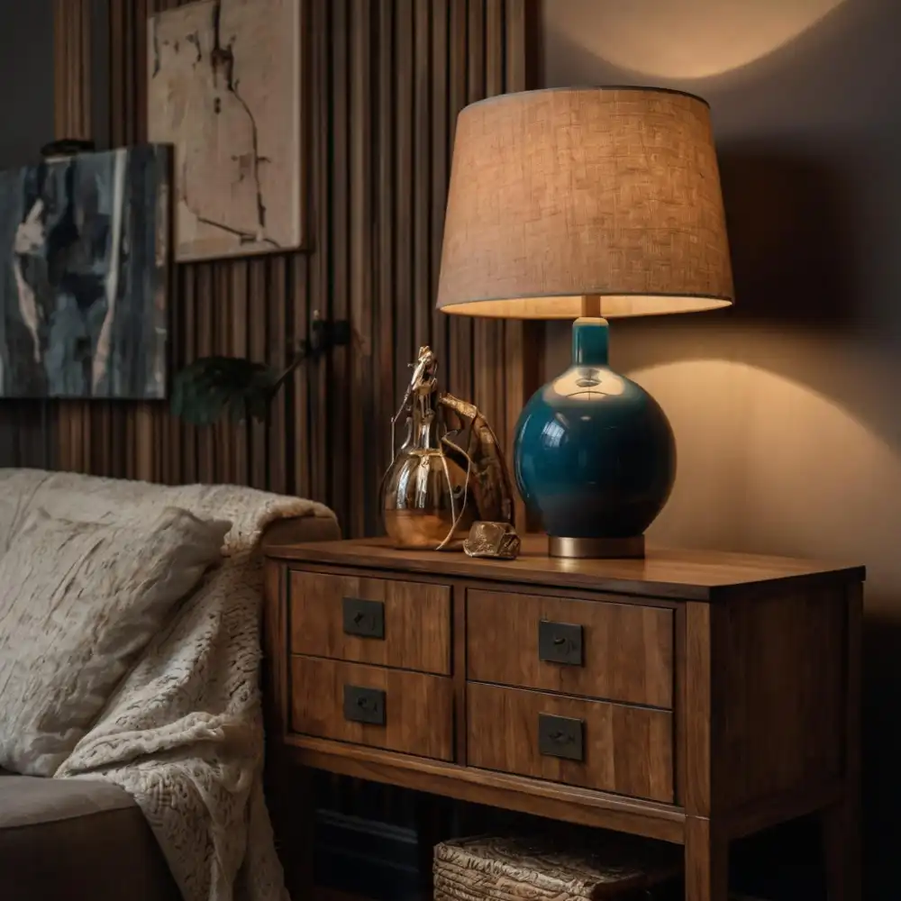 Two-drawer walnut nightstand styled with one lamp and a book, hiding small bedside clutter