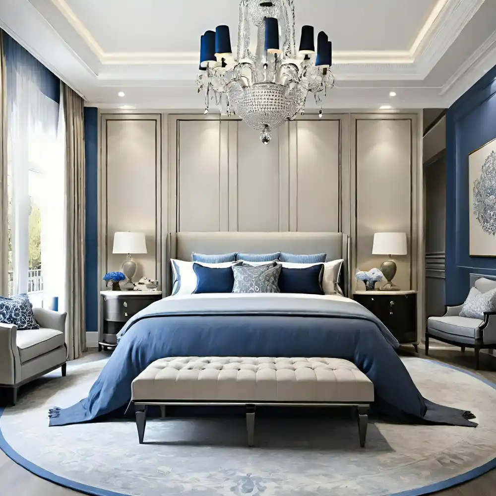 Olive green and tan bedroom with tan walls, olive velvet headboard, warm wood furniture, and layered natural textiles