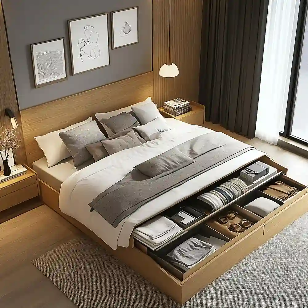 Small bedroom with a slim dresser on an inside wall and clear walking space around the bed near the window